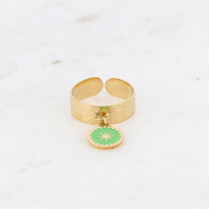 Bague pampille ronde, émail et étoile - vert
