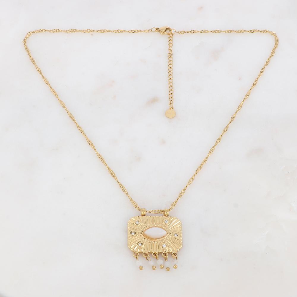 Collier sur chaîne doré composé d'une pièce rectangulaire motif serpent ornée de strass blancs, et pierres naturelles Jade blanc et agate blanche 40+5 cm