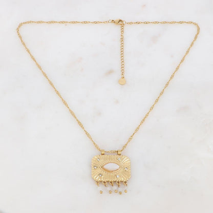 Collier sur chaîne doré composé d'une pièce rectangulaire motif serpent ornée de strass blancs, et pierres naturelles Jade blanc et agate blanche 40+5 cm