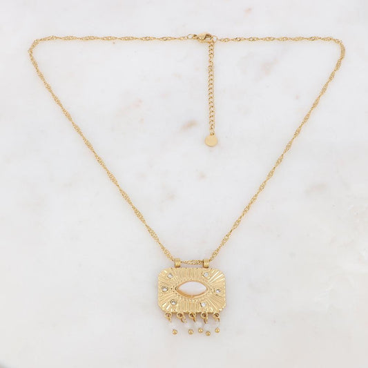 Collier sur chaîne doré composé d'une pièce rectangulaire motif serpent ornée de strass blancs, et pierres naturelles Jade blanc et agate blanche 40+5 cm