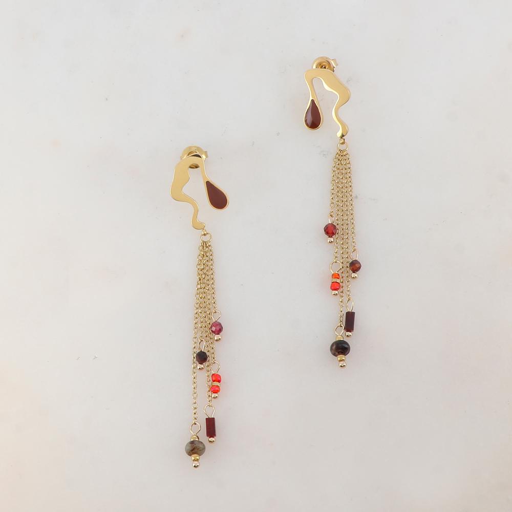 B.O à puce pendantes avec pièce émaillée, 4 chaînes, pierres naturelles 1,1 x 7,8 CM
