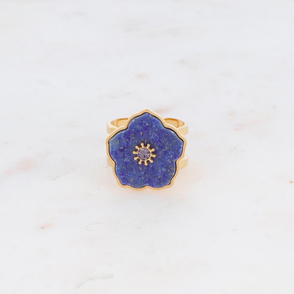 Bague double rangs avec fleur en pierre naturelle et strass - Lapis lazulite