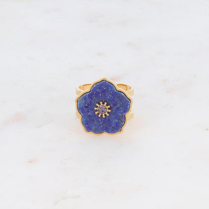 Bague double rangs avec fleur en pierre naturelle et strass - Lapis lazulite