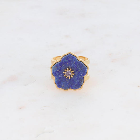 Bague double rangs avec fleur en pierre naturelle et strass - Lapis lazulite