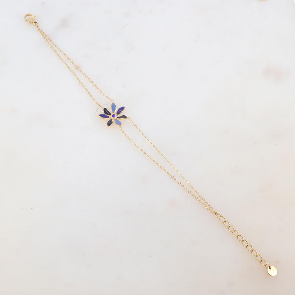 Bracelet deux rangs avec pendant fleur émaillée et strass
