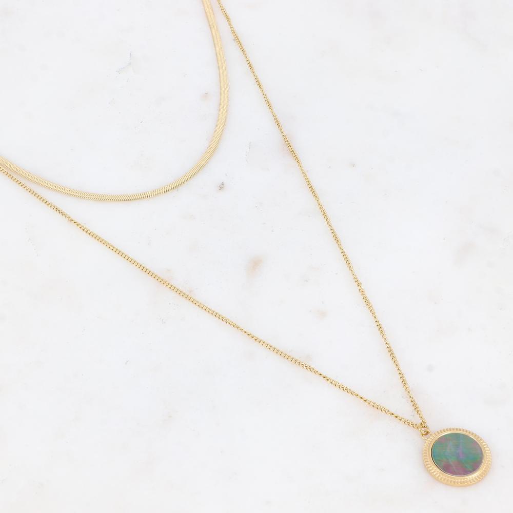 Collier 2 rangs avec une pampille ronde ornée d'une nacre naturelle grise 39/56+7 cm