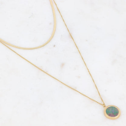 Collier 2 rangs avec une pampille ronde ornée d'une nacre naturelle grise 39/56+7 cm
