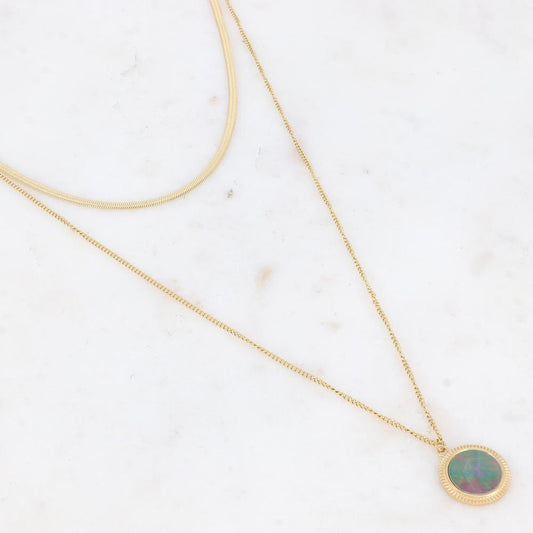 Collier 2 rangs avec une pampille ronde ornée d'une nacre naturelle grise 39/56+7 cm