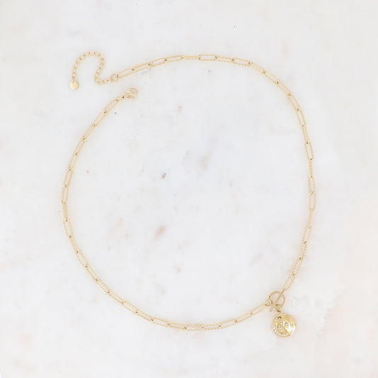 Collier maille striée, pendentif fermoir T avec lune et étoiles ornées d'oxydes de zirconium 45+5 cm