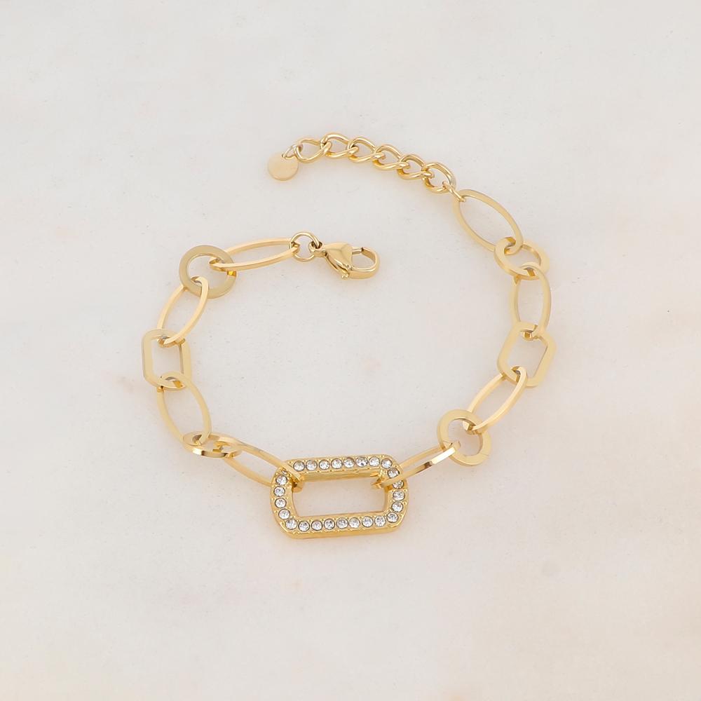 Bracelet maille multi-ovale, multi-rond et multi-rectangle avec pièce rectangulaire et strass