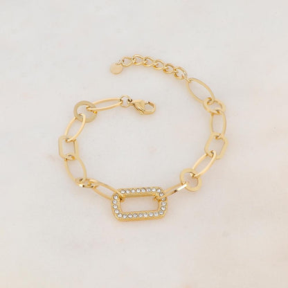 Bracelet maille multi-ovale, multi-rond et multi-rectangle avec pièce rectangulaire et strass