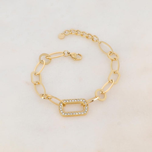 Bracelet maille multi-ovale, multi-rond et multi-rectangle avec pièce rectangulaire et strass