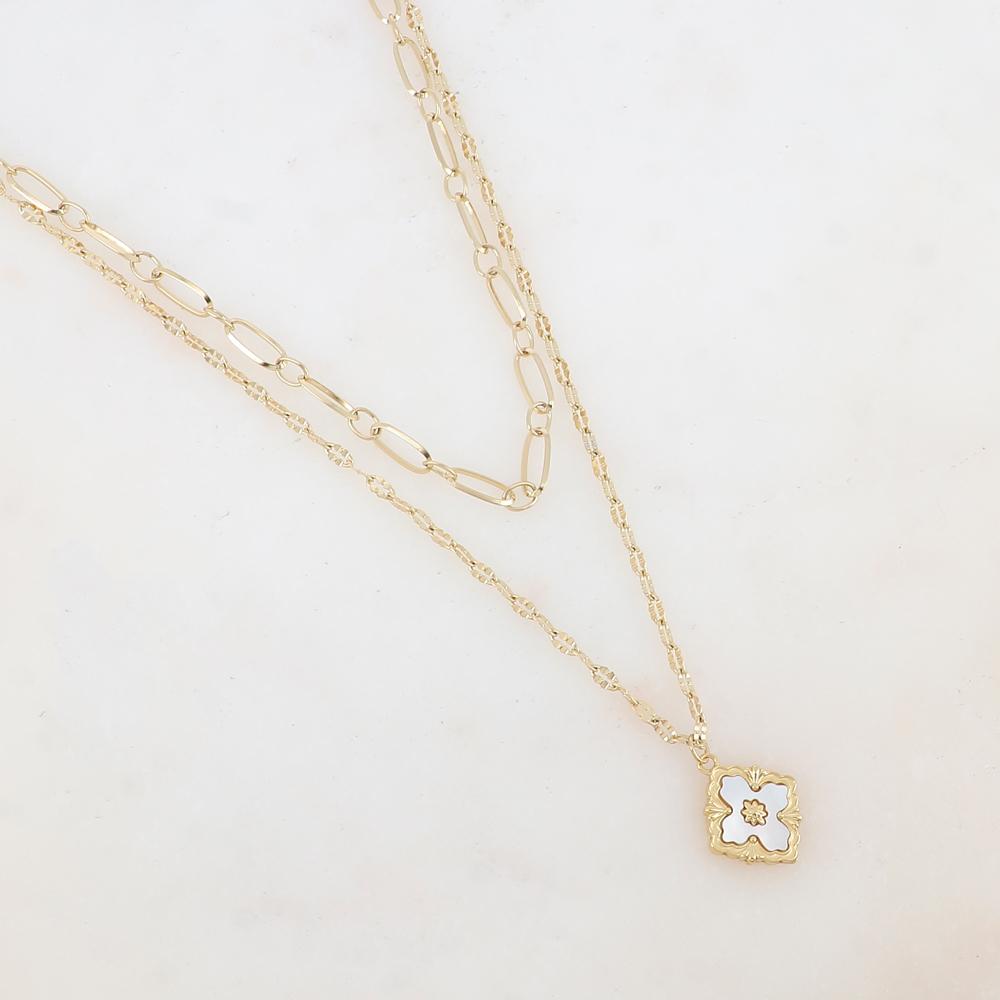 Collier double rangs avec maille, pendentif fleur en nacre blanche (38/45+5CM)
