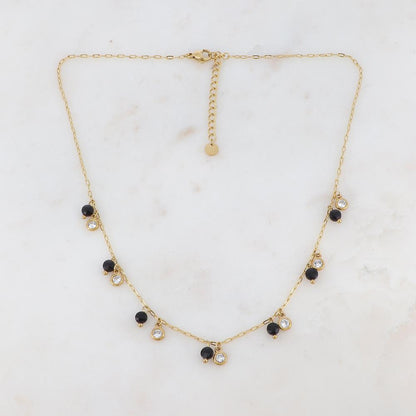Collier doré embelli de pierres Onyx et de strass blancs 38+5 cm