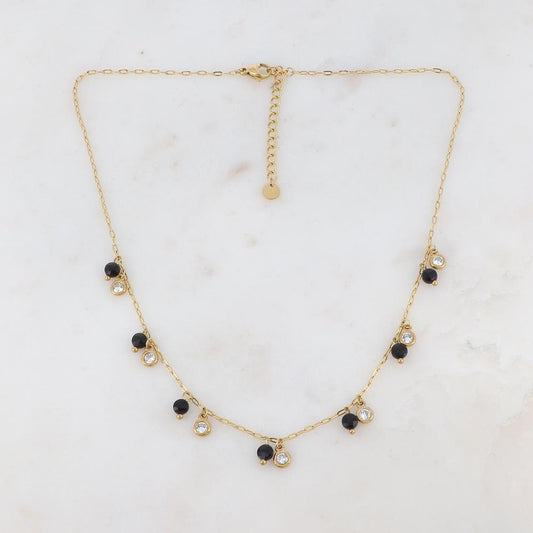 Collier doré embelli de pierres Onyx et de strass blancs 38+5 cm