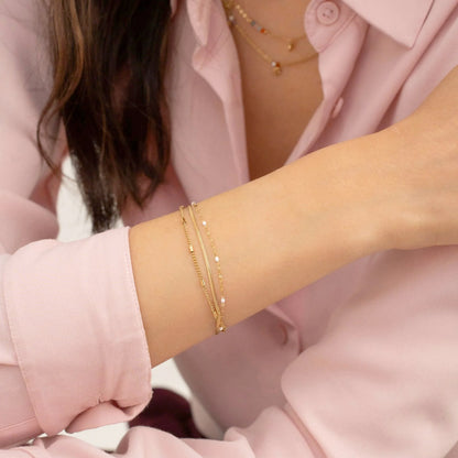 Bracelet 3 rangs - anneau avec maille grain de café émaillée blanche, forçat et tubes et miroir (15+3 cm)