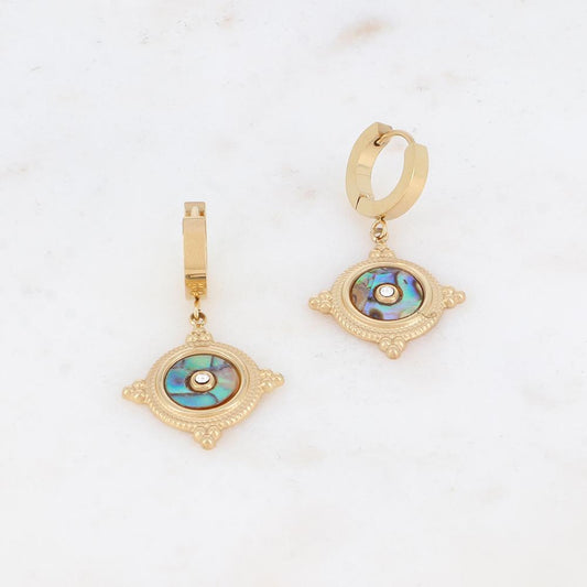 Créoles avec pampille ronde, strass, nacre 2,1X3,8 CM