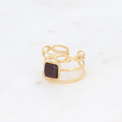 Bague 3 rangs avec pierre naturelle carrée - Œil de tigre