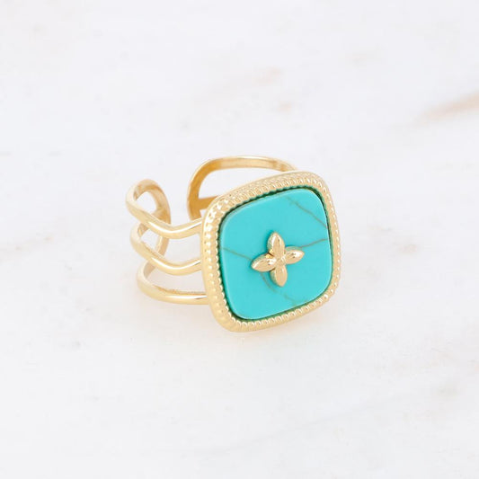 Bague 3 rangs avec pierre naturelle et d'un motif au centre - Turquoise