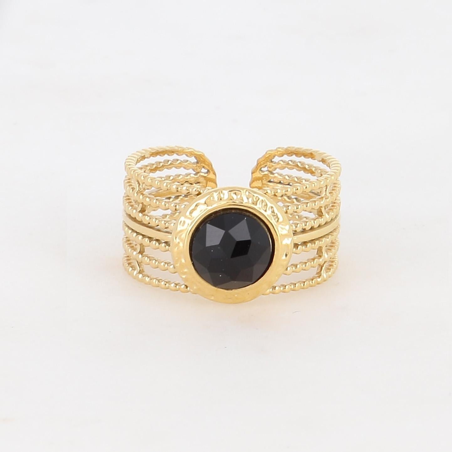 Bague multirangs texturée sertie d'une pierre naturelle - Onyx