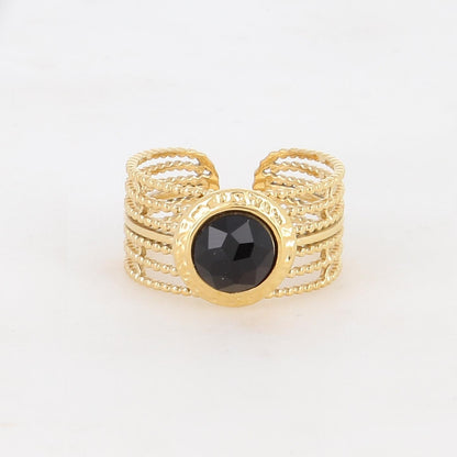 Bague multirangs texturée sertie d'une pierre naturelle - Onyx