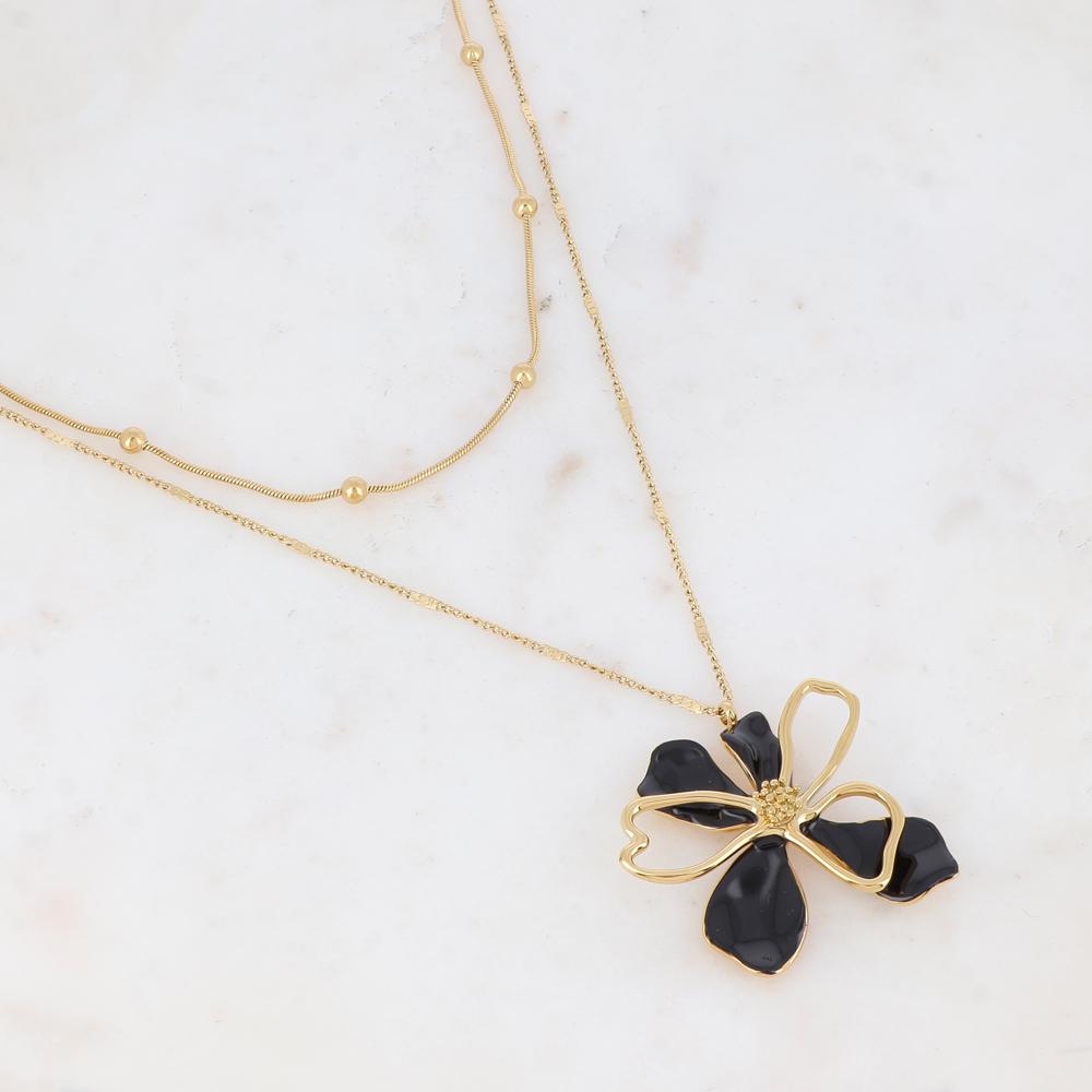 Collier double rangs doré avec une fleur émaillée noire 40/55+7 cm