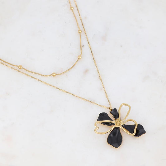 Collier double rangs doré avec une fleur émaillée noire 40/55+7 cm