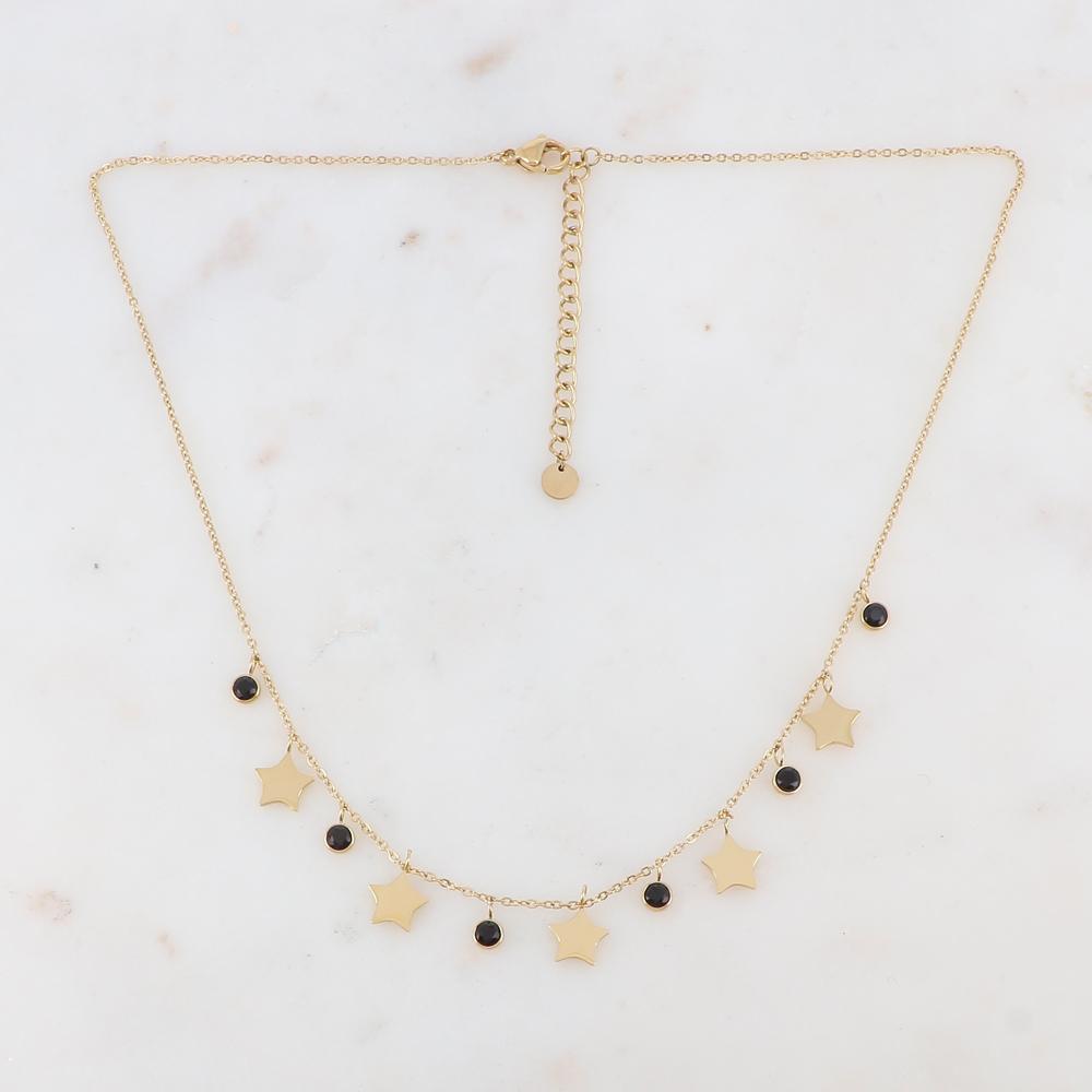 Collier doré composé de pendants étoile et de strass noirs 40+5 cm