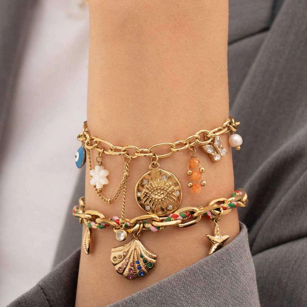 Bracelet - breloques (oeil et oxydes de zirconium, fleur nacrée, émail, papillon, pierres naturelles) Taille: 16+3 cm