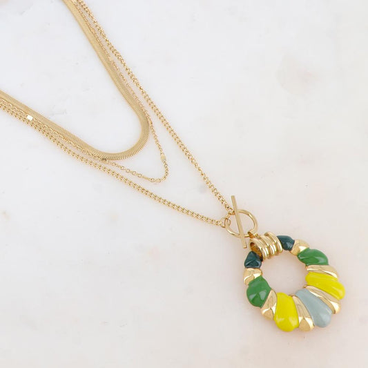 Collier 3 rangs avec maille miroir et pendentif émaillé (38/40/50+7CM)