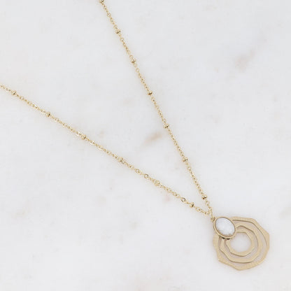 Collier doré avec pendentif aux formes géométriques et pierre naturelle blanche 38+5 cm
