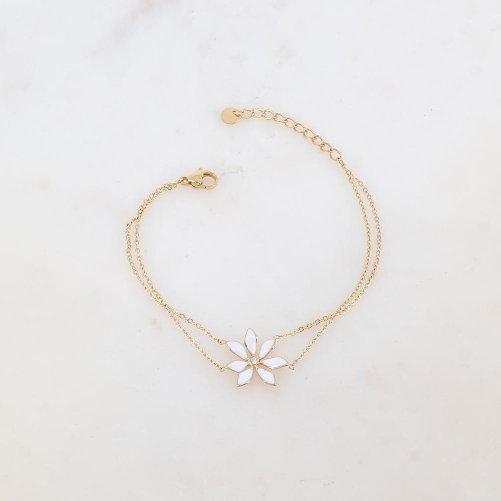 Bracelet deux rangs avec pendant fleur émaillée et strass