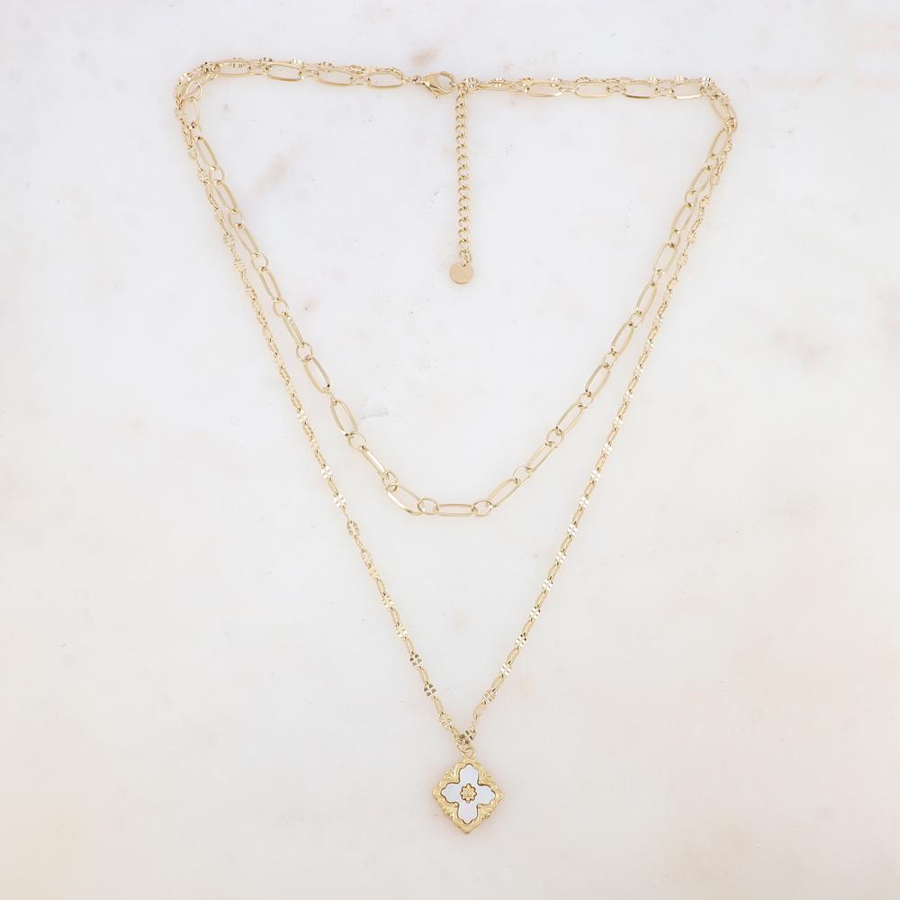 Collier double rangs avec maille, pendentif fleur en nacre blanche (38/45+5CM)