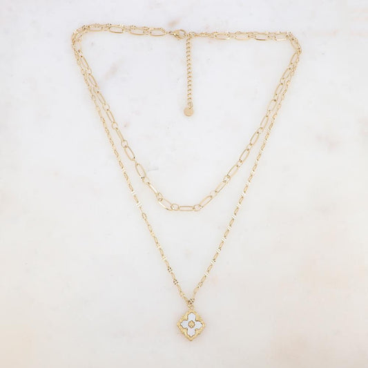 Collier double rangs avec maille, pendentif fleur en nacre blanche (38/45+5CM)