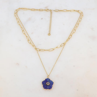 Collier double rangs avec pendentif fleur en pierre naturelle et strass (38/42+7CM)