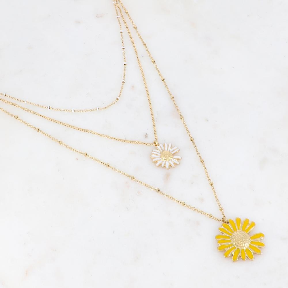 Collier triple rangs doré avec deux fleurs de marguerite émaillées blanche et jaune 38/44/56+5 cm