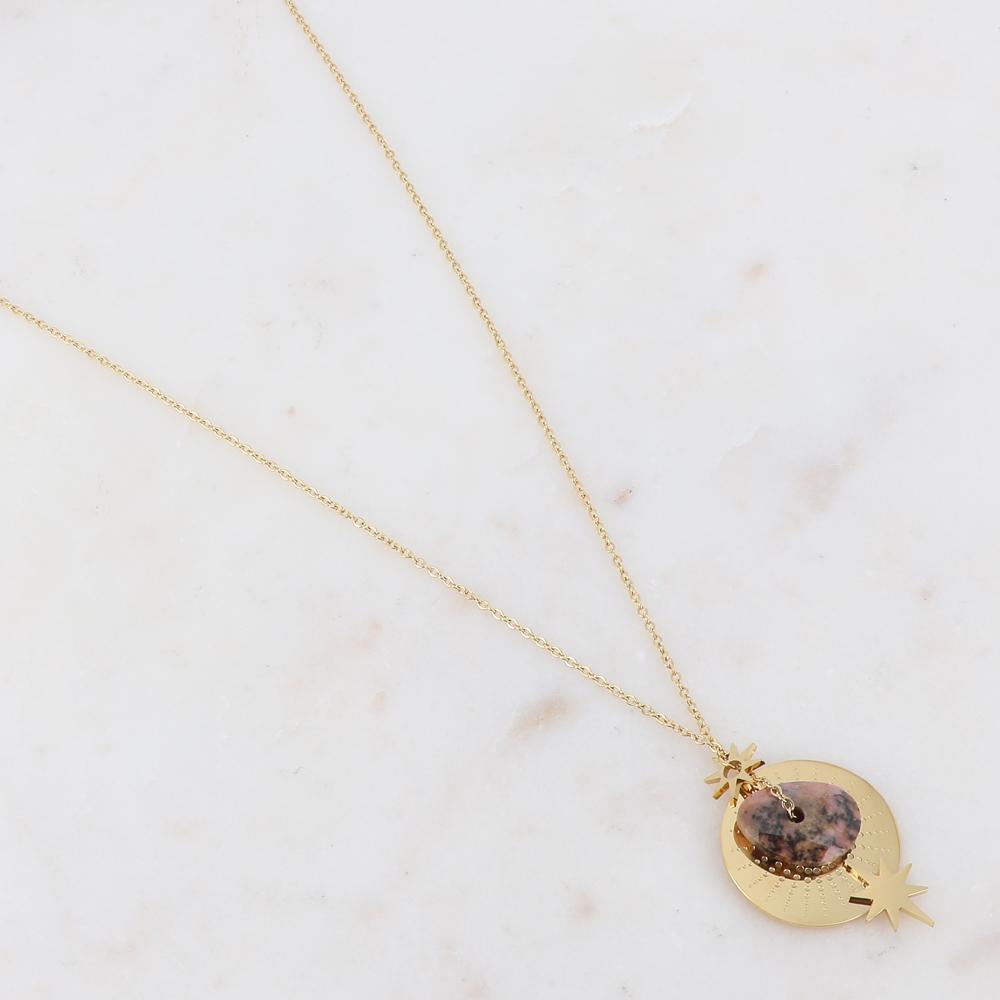 Collier sur chaîne composé d'une pampille et d'une pierre naturelle rose marbré rhodonite 40+5 cm