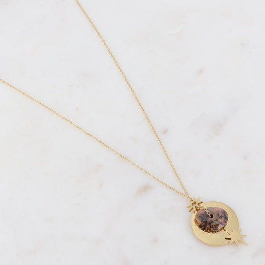 Collier sur chaîne composé d'une pampille et d'une pierre naturelle rose marbré rhodonite 40+5 cm