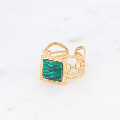 Bague ajourée avec une pierre reconstituée carrée - Malachite