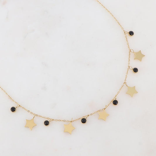 Collier doré composé de pendants étoile et de strass noirs 40+5 cm