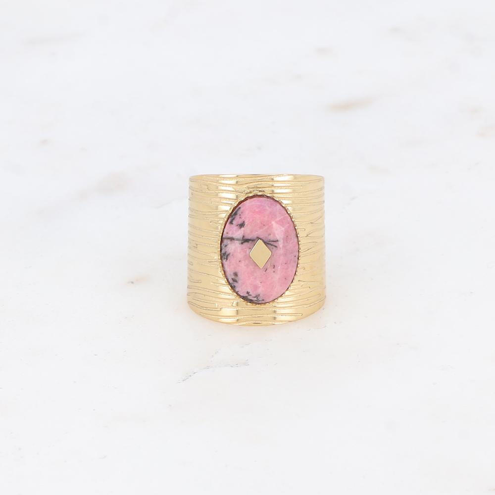 Bague avec cabochon en pierre naturelle - Rhodonite