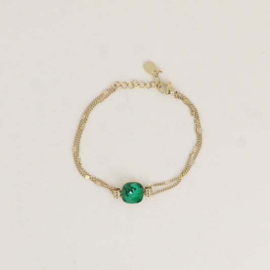 Bracelet double rangs - Orné d’un cristal de Swarovski® de 10 mm - Taille bracelet : 16+3 cm - Majestic green