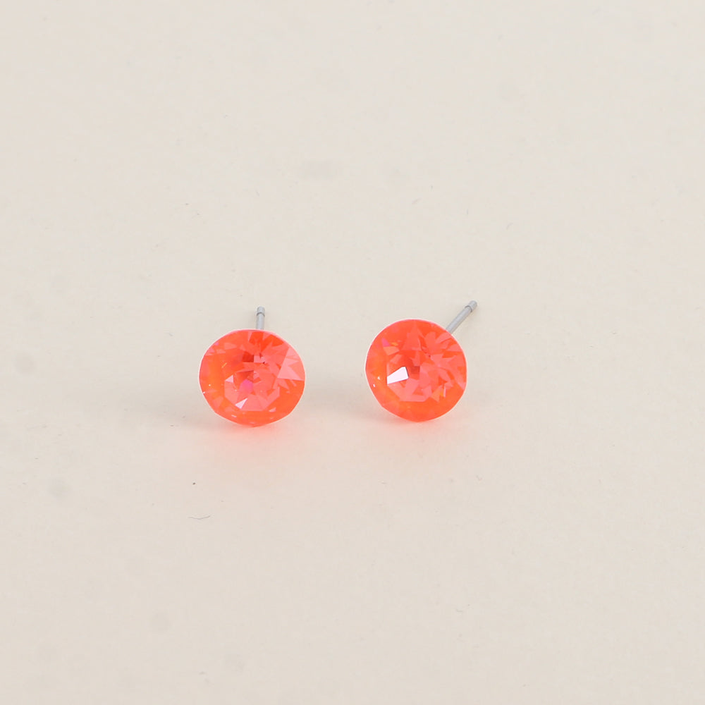 Boucles puces argentées – Ornées de cristaux de Swarovski® SS39 - Dimensions de la boucle : 8x8 mm - Electric orange