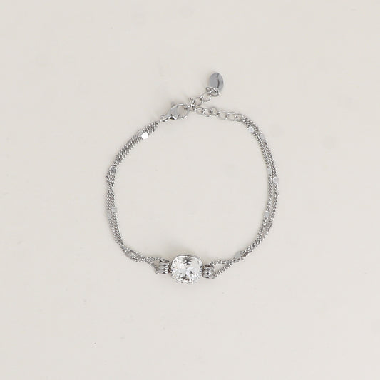 Bracelet double rangs rhodium - Orné d’un cristal de Swarovski® de 10 mm - Taille bracelet : 16+3 cm - Chrystal