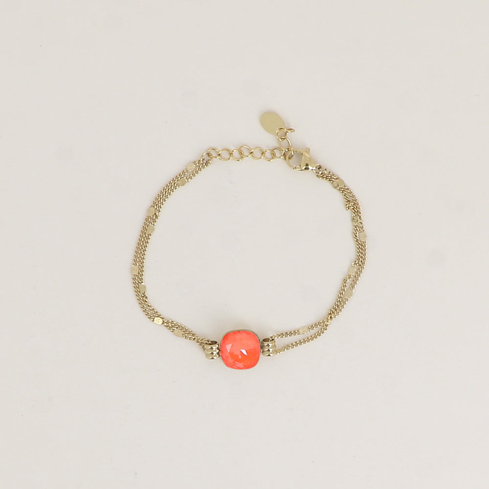 Bracelet double rangs - Orné d’un cristal de Swarovski® de 10 mm - Taille bracelet : 16+3 cm - Electric orange