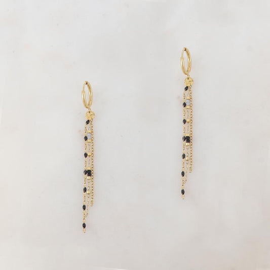 Créoles pendantes avec 3 chaines, pampille ronde, petites rondelles et pièces émaillées 1,2 x 6,8 CM.
