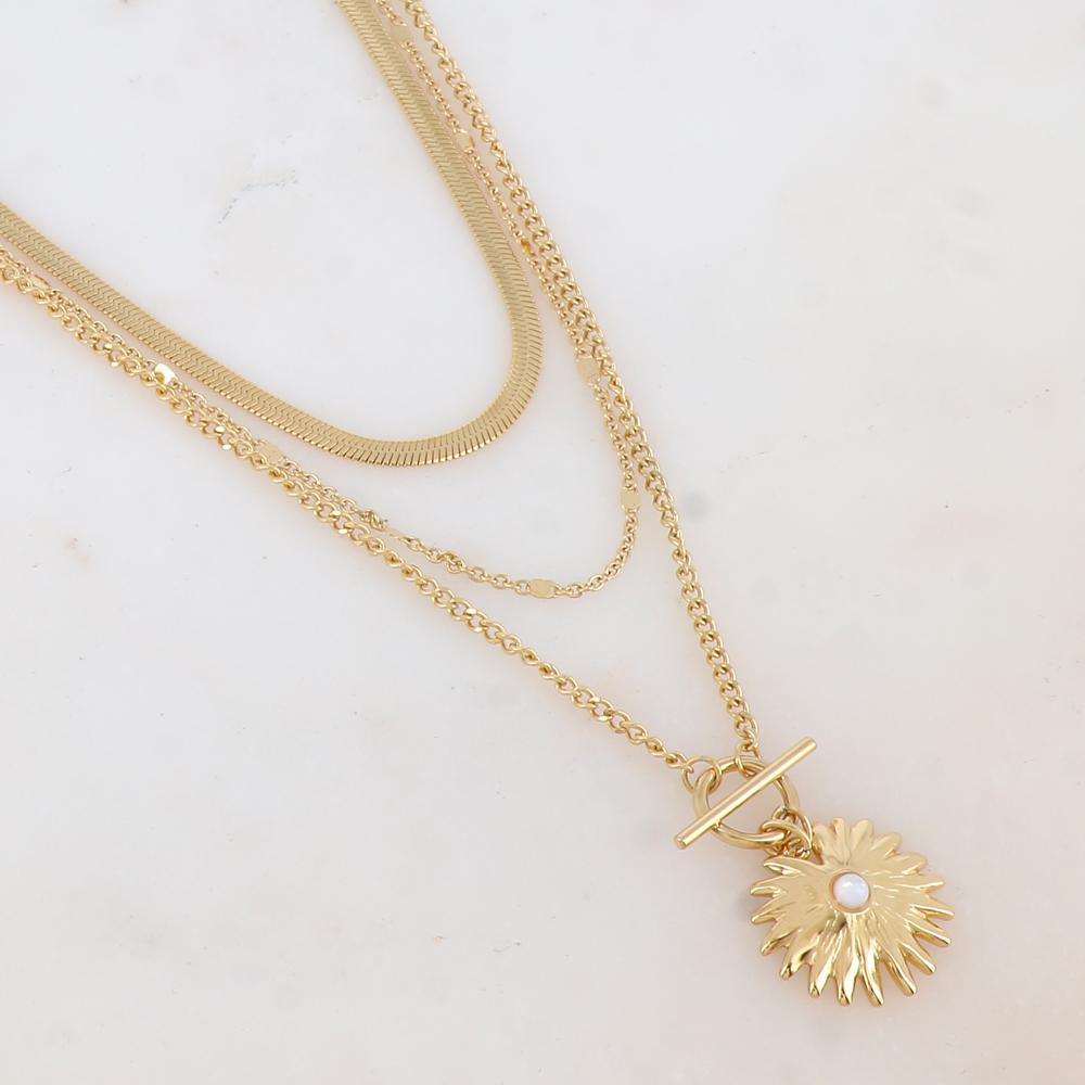 Collier 3 rangs avec maille miroir, pendentif feuillage et pierre naturelle (38/44/55+7CM)