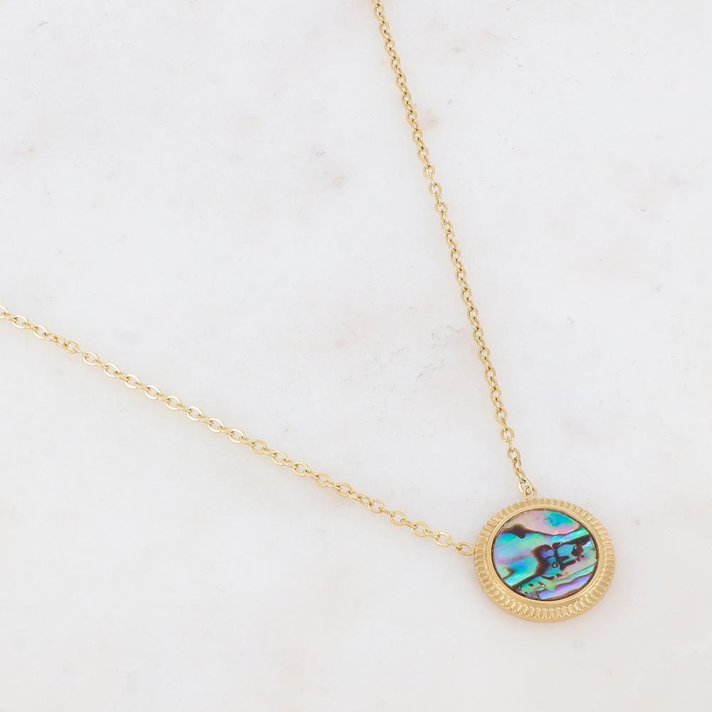 Collier doré avec une pampille ronde ornée d'une nacre abalone 39+7 cm
