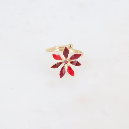 Bague fine avec fleur émaillée et strass - Bordeaux
