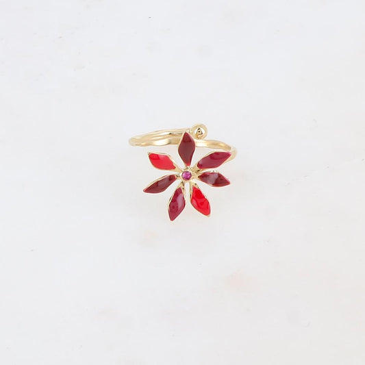 Bague fine avec fleur émaillée et strass - Bordeaux